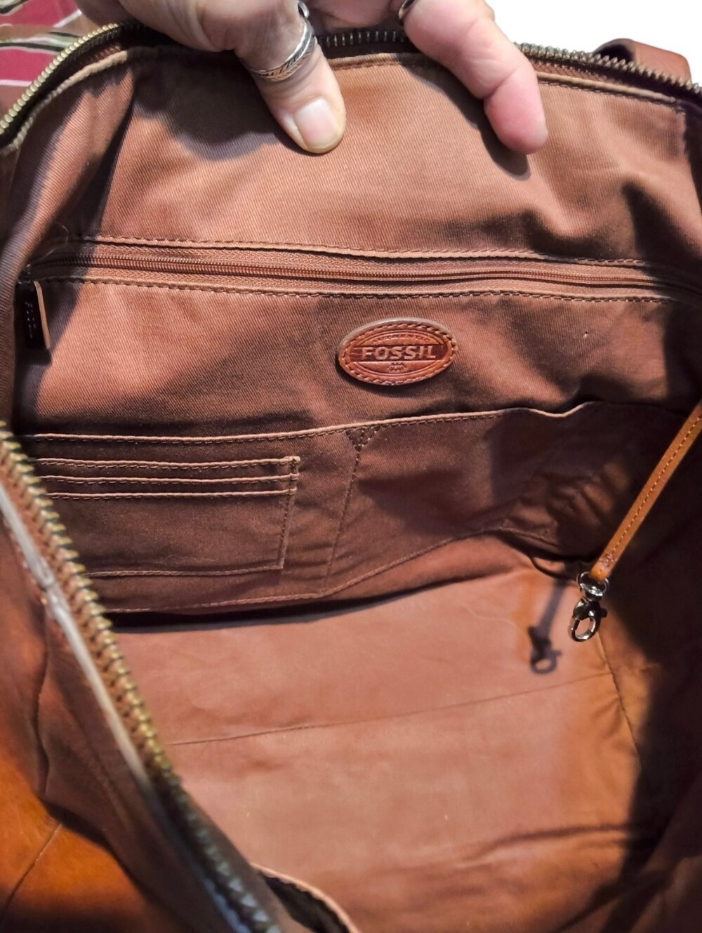 Fossil Sydney Shopper Tote Cognac Brown Leather Zip Top Carryall Pocket Organize - Picture 5 of 9